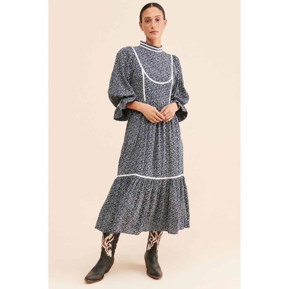 Anthropologie Meadows Amaryllis Blue White Floral Peasant Boho Dress Size 6